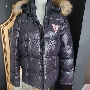 Guess Shiny Black Puffer with Fur Hood